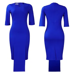 Detailed front and back views of an elegant royal blue OL office bodycon midi dress