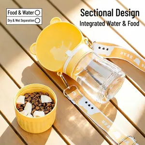 Portable yellow bear-themed pet water and food dispenser with adjustable shoulder strap