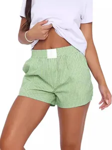 Women's green and white vertical striped pajama shorts with elastic waistband for summer