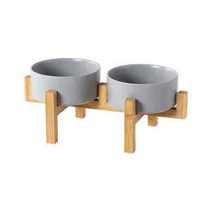 Ciotole rialzate in ceramica grigia per animali domestici con supporto in bambù resistente
