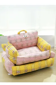 Comfortable portable plaid boucle fleece cat sofa bed with cute decorative eye details