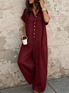 Casual short sleeve wine red linen jumpsuit with button front and wide leg design