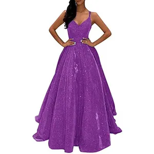 Elegant purple sequined floor-length evening gown with spaghetti straps and V-neck.