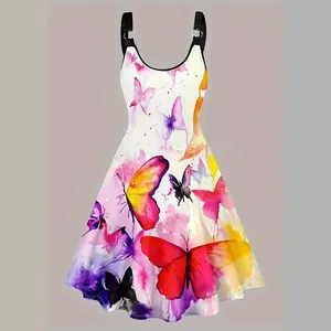 Vestido de verano de corte en A con tirantes y vibrante estampado de mariposa acuarela