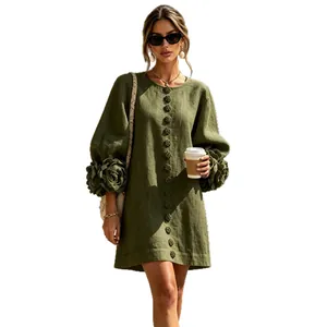 Elegant French green linen mini dress featuring 3D flower lantern sleeves and button front
