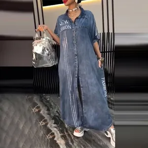 Women's casual denim maxi dress with letter print and button-down lapel design.