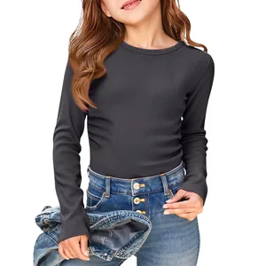 Detailed view of children's dark grey ribbed long sleeve stretch T-shirt with crew neck