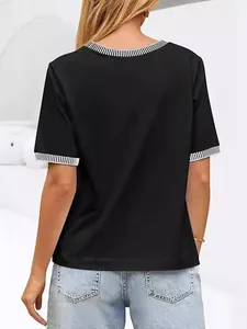 Women's black loose knit t-shirt with striped contrast ribbed neck and sleeves back view