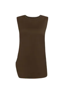 Front view of a minimalist dark brown sleeveless round neck vest top for women