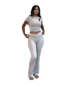 Women's 2-piece lounge set with crop t-shirt and low-waist flare pants in light grey