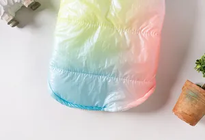 Detailopname van het gewatteerde hondenhervest met een kleurrijk regenboogverloop