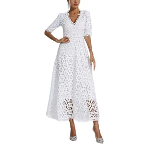 Elegant white floral lace midi dress for women featuring a deep V-neck and half sleeves