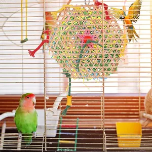 Détail d'un jouet de recherche de nourriture coloré en bambou pour oiseaux avec papier