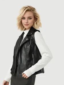 Women's stylish short black faux leather vest with lapel collar and zipper details