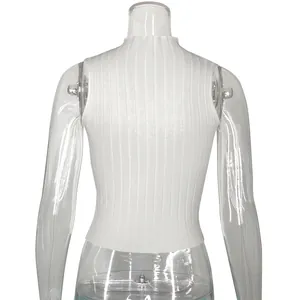 Detailed back view of a white sleeveless ribbed knit tank top on a clear mannequin stand
