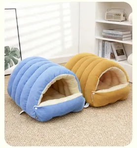 Cozy semi-enclosed corduroy pet beds in blue and yellow colors for cats and small dogs