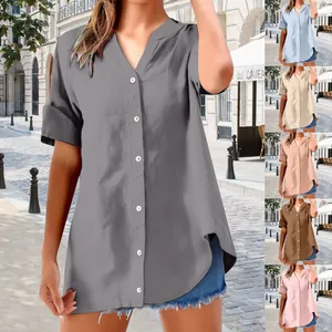 Casual damesblouse met korte mouwen en knopen in verschillende elegante effen kleuren