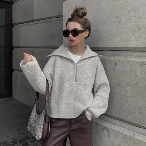 Women's Vintage Oversized V-Neck Quarter Zip Knit Sweater Loose Retro Long Sleeve Pullover Autumn Winter Casual Knitwear Top