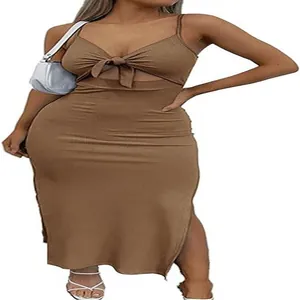 Detailed shot of brown knit bodycon maxi dress featuring tie-front and side slit