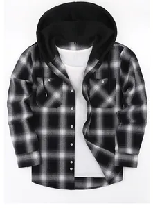 Premium men's black and white plaid long sleeve hooded shirt jacket for daily wear