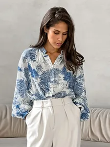 Vintage blue landscape toile de jouy print blouse with stand collar and lantern sleeves