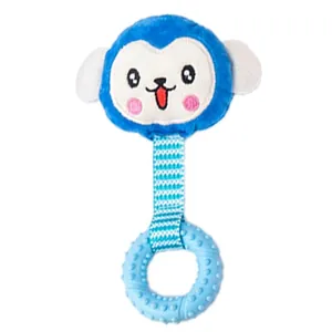 Blue cartoon monkey plush dog toy with textured TPR teething ring for small pets