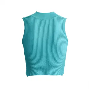 Detailed macro view of a teal ribbed knit sleeveless top with high neckline for summer