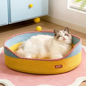 JIUPET Gevlochten Kattenbed en Krabbord Geïntegreerd Katoenen Touw Geweven Huisdiernest voor Alle Seizoenen Grote Ruimte Duurzame Slaapmand