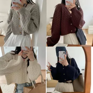 Detailed collage of a Korean-style cable-knit cardigan in four elegant autumn colors