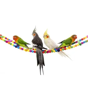 Colorful wooden bead bird ladder and swing for parrots with birds perched on it.
