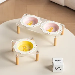 Floral ceramic pet bowl set with elevated acrylic stand for cats and dogs