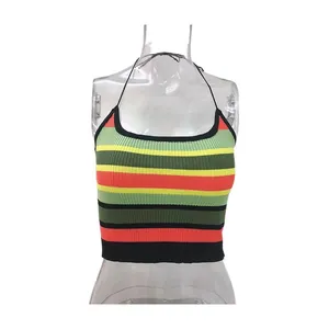 Sexy vibrant multi-color striped ribbed knit cropped halter neck tank top for women