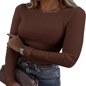 T-Shirt Femme Décontracté en Tricot Nervuré Coupe Ajustée Polyester Élasthanne Col Rond Top Basique pour Mode Automne Quotidien