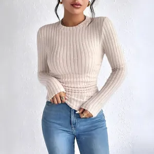 Women Casual Ribbed Long Sleeve Crewneck T-Shirt Slim Fit Solid Color Autumn Winter Polyester Spandex Basic Top