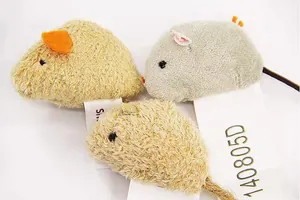 Set of three colorful plush mouse toys for interactive cat play and biting exercise