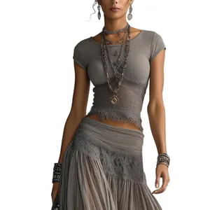 Bohemian style grey knit crop top and flowing pleated chiffon maxi skirt set for women