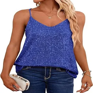 Canotta ampia blu reale con paillettes e scollo a V per abbigliamento elegante