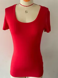 Macro detail of red slim-fit scoop neck T-shirt displayed on a size S mannequin torso