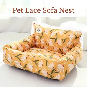 Huisdier Sofa Bed Alle Seizoenen Polyester Kat Hondenbed Met Kant Bloemen Madeliefje Print Warm Comfortabele Bank