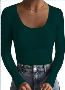 Close-up of women's dark green ribbed long sleeve slim fit T-shirt with scoop neck.
