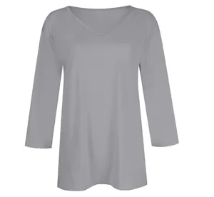 Grey V-neck 3/4 sleeve casual women's T-shirt top made from soft cotton material