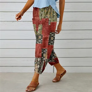 Detailed view of vintage patchwork floral cotton linen cropped pants for women