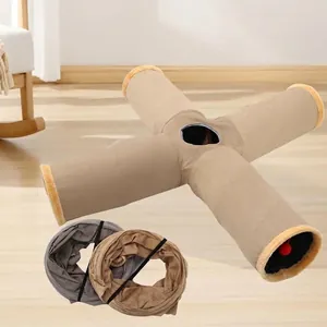 Collapsible four-way cat tunnel pet toy with suede finish and faux fur trim for indoor play