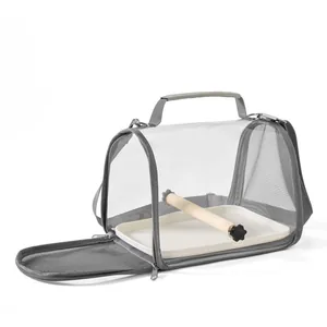Detailed view of portable bird carrier bag featuring transparent front and wooden perch.