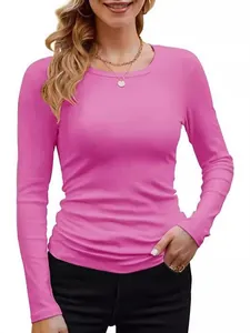 Close-up detail of women's vibrant pink slim fit ribbed long-sleeve crew neck T-shirt