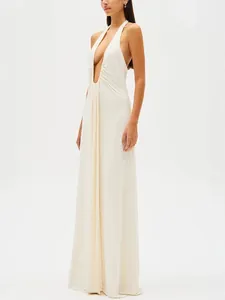 Elegant white deep V-neck halter maxi dress with backless design for women fashion
