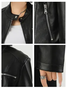 Schmal geschnittene schwarze Damen-Motorradjacke aus Kunstleder mit Reißverschluss-Details