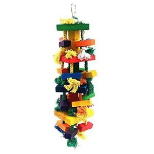 Detail view of a large colorful parrot chewing toy with wooden blocks and cotton ropes