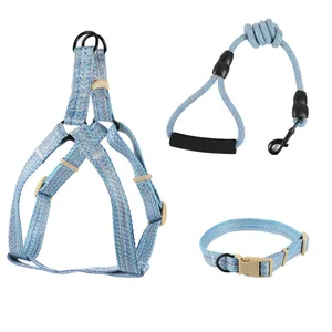 Blue patterned dog harness, leash and collar set shown against a white background.