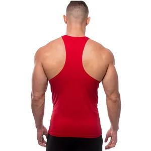 Back view of red men's gym tank top highlighting slim fit and muscle contours